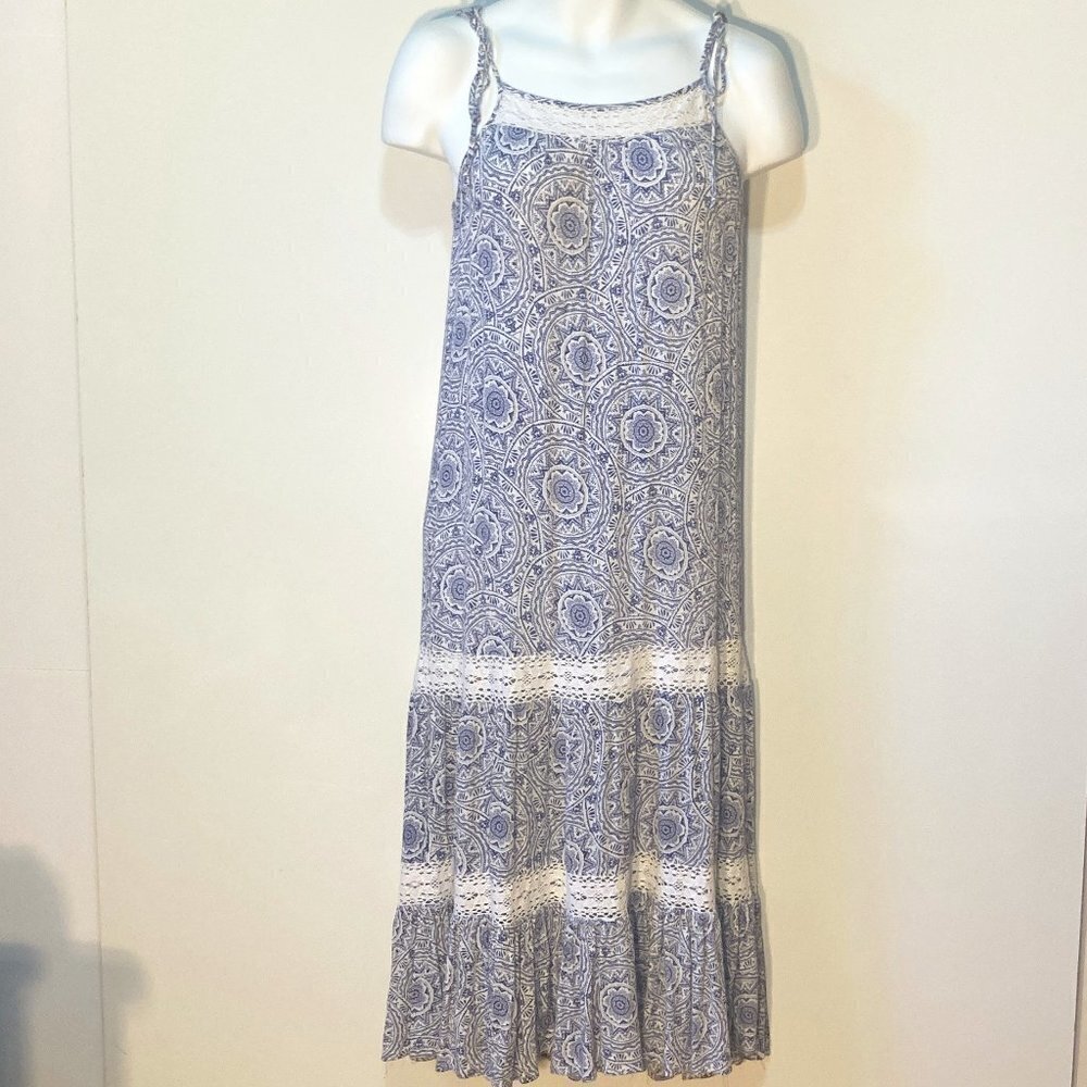 Pure Hype SZ S Blue & White gauzy bohemian print maxi dress crochet lace